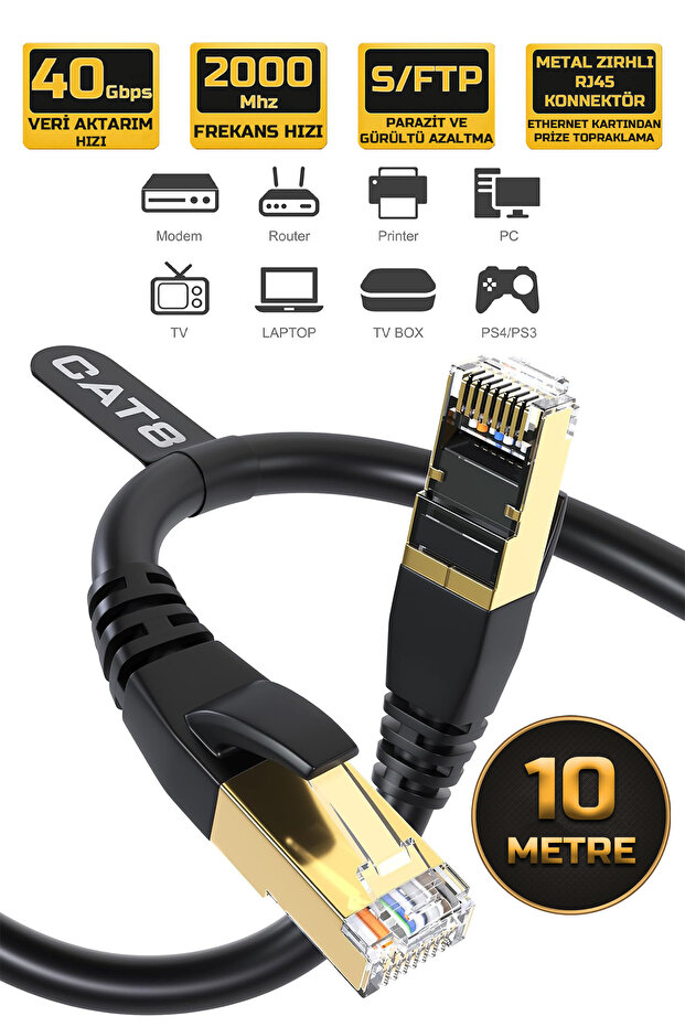 10 Meters Cat 8 Ethernet Cable 40 Gigabit/S 2000 Mhz Premium Metal Armored Rj45 Connector