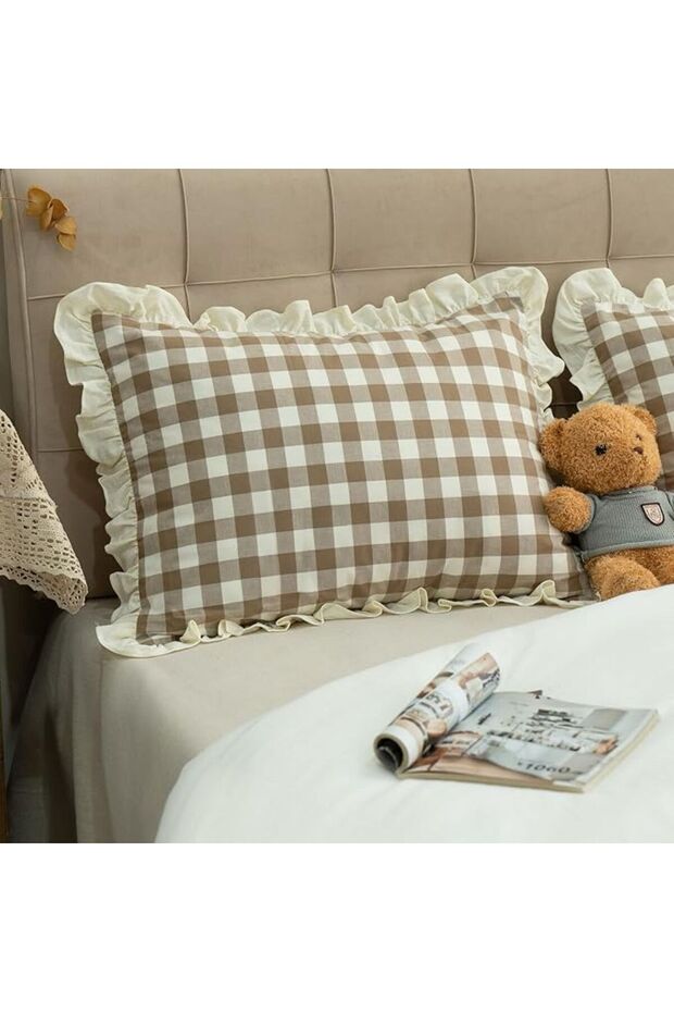 Gingham Patterned Pillow Case Ruffled Pillow Case 50X70Cm 2Pcs Duck Linen Fabric - 2