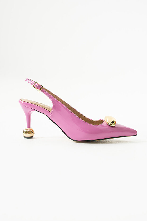 Fuşya Rugan Vegan Deri 7cm İnce Topuklu Stiletto | Gold Detaylı Şık Kadın Ofis Abiye Günlük Ayakkabı - 6