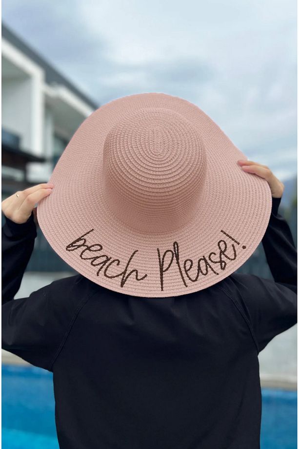 Beach Please Yazılı Hasır Şapka Pudra Rş-59 - 3