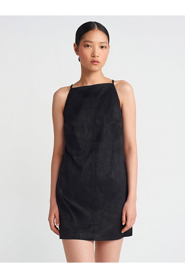 Askılı Mini Süet Elbise -Siyah - 1