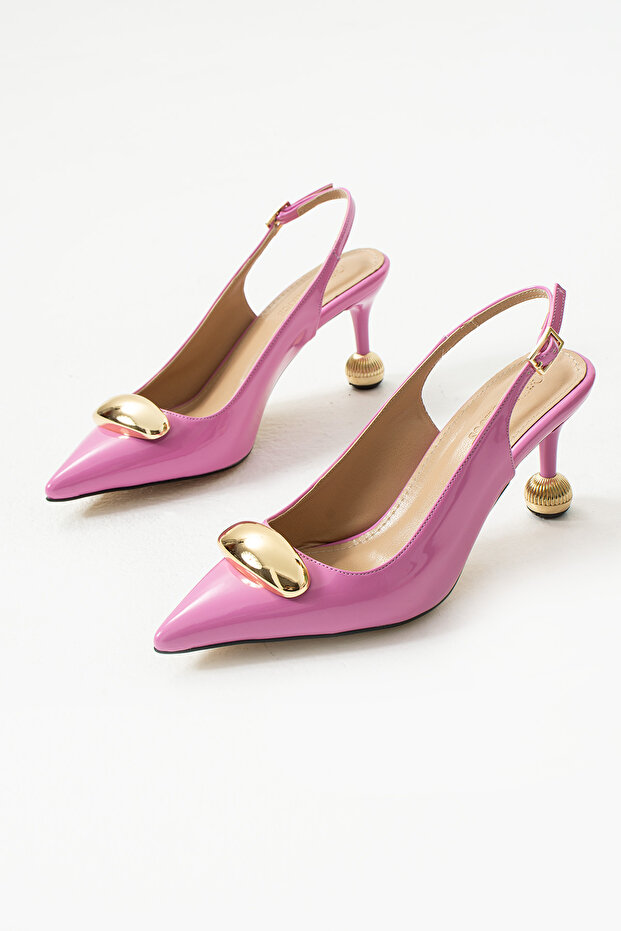 Fuşya Rugan Vegan Deri 7cm İnce Topuklu Stiletto | Gold Detaylı Şık Kadın Ofis Abiye Günlük Ayakkabı - 7