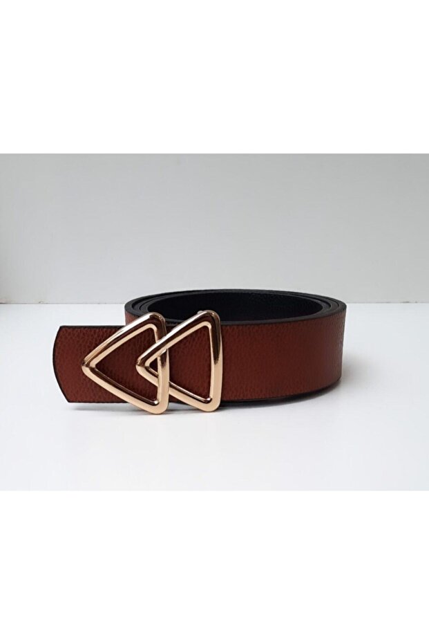 Kadın Gold Tokalı Çift Yünlü Taba-siyah Kemer - 1