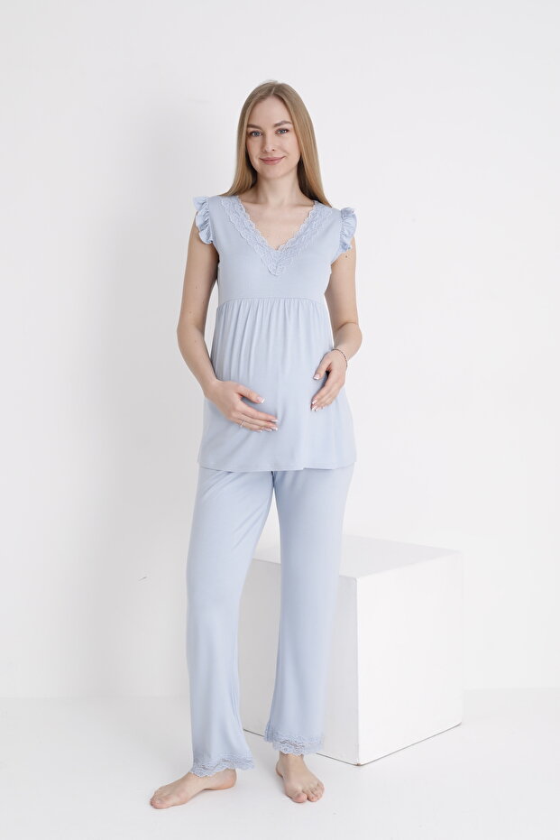 Lace Detailed V-Neck Sleeveless Maternity and Maternity Pajama Set