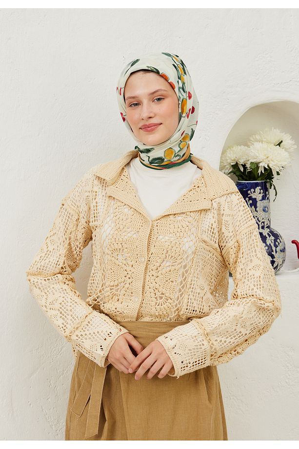 LİME GARDEN DESEN PAMUK VUAL EŞARP TURUNCU - 5