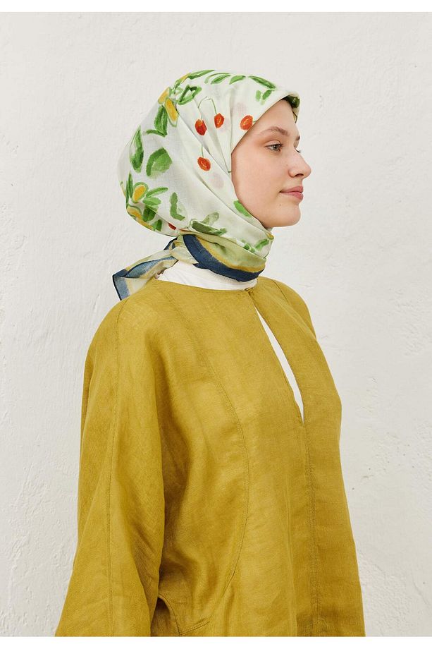 Lime Garden Desen Pamuk Vual Eşarp Yeşil - 6