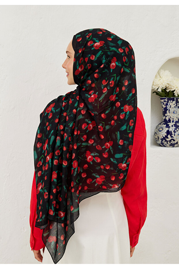 شال منقوش باللون الأسود من Ramie Cherry - 8