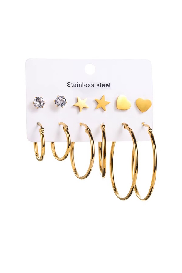 Gold Color Heart Star Zircon Stone Detailed 6 Pairs Steel Hoop Earrings Set (2-3-4 cm)