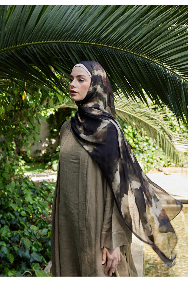 Black Tie-Dye Patterned Ram Shawl - 1