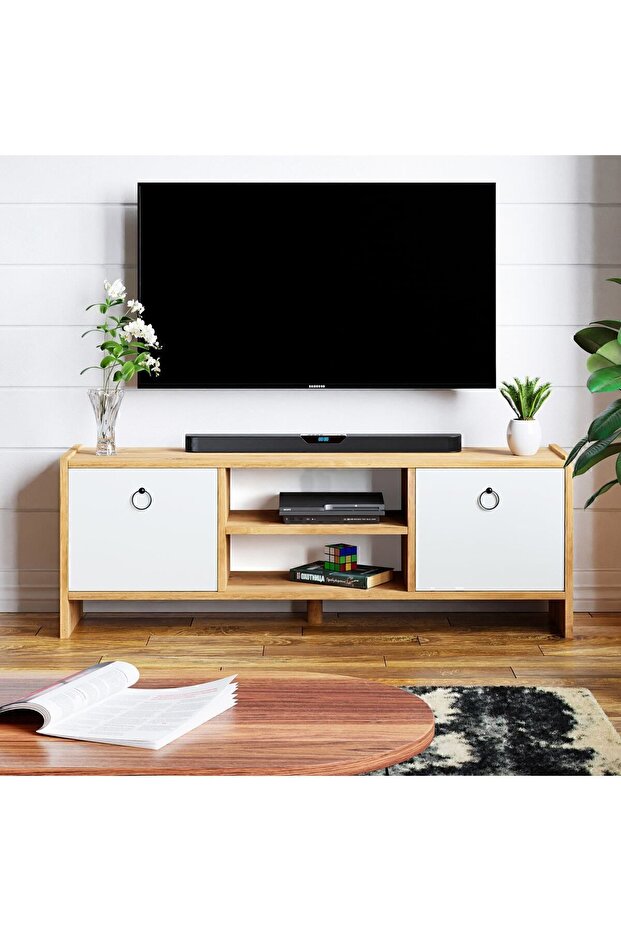 TV Unit With Doors - Atlantic Pine Pattern / White Doors - 2