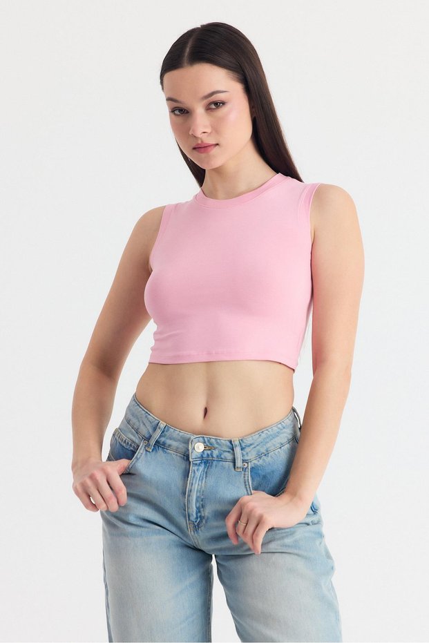 Pink Sleeveless Crew Neck Crop Tank Top 318