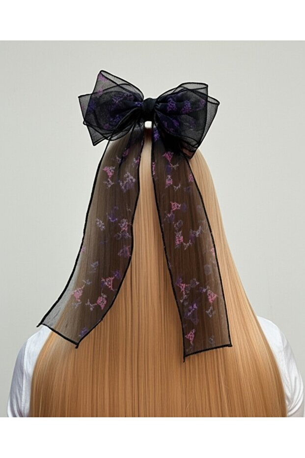 Women's Long Tulle Bow Buckle - Automatic Bow Buckle - Long Chiffon Bow Buckle - Black Kuromi Patterned