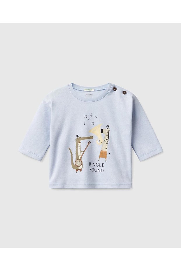 Baby Powder Blue Graphic Printed Long Sleeve T-Shirt with Logo Detail on the Back