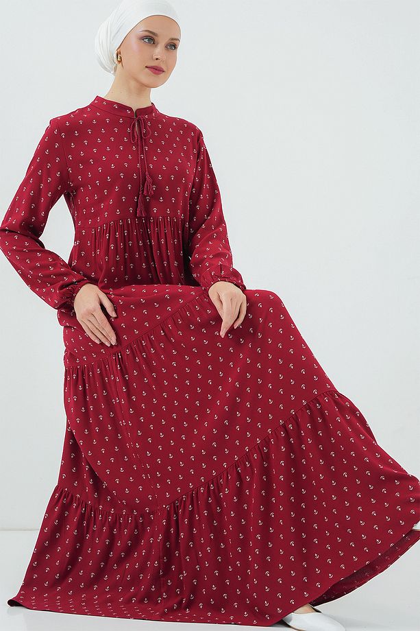 1627 Yaka Bağcıklı Tesettür Elbise - Bordo - 1