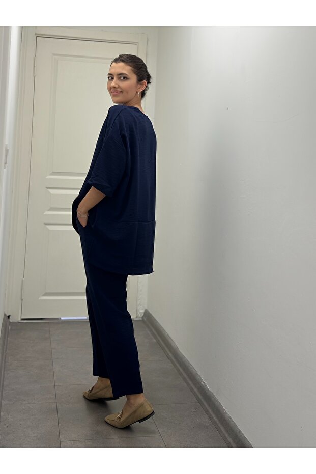 Navy Blue Linen Viscose Comfort Double Set - 3