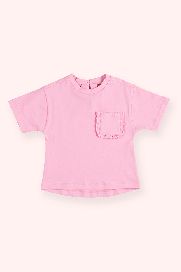 Baby Girl Pocket Ruffle Detailed Pink T-Shirt