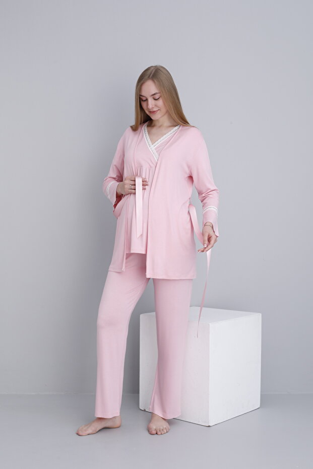 Lace Trimmed V-Neck Maternity and Maternity Pajama Set