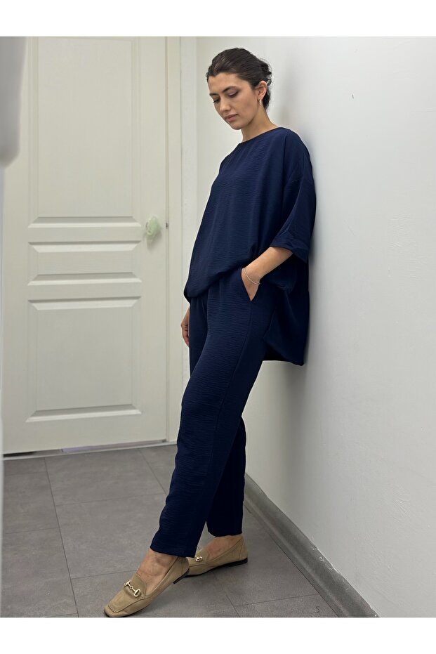 Navy Blue Linen Viscose Comfort Double Set - 5