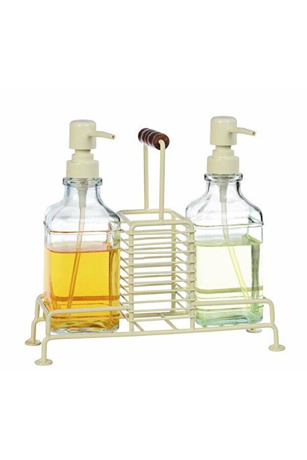 Set of 2 Glass Soap Dishes with Handle and Stand Metal Beige