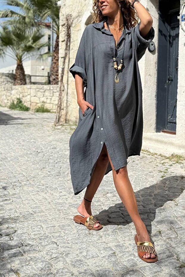 Italian Anthracite Button Collar 3/4 Sleeve Slit Epaulet Soft Textured Loose Woven Dress 125 68