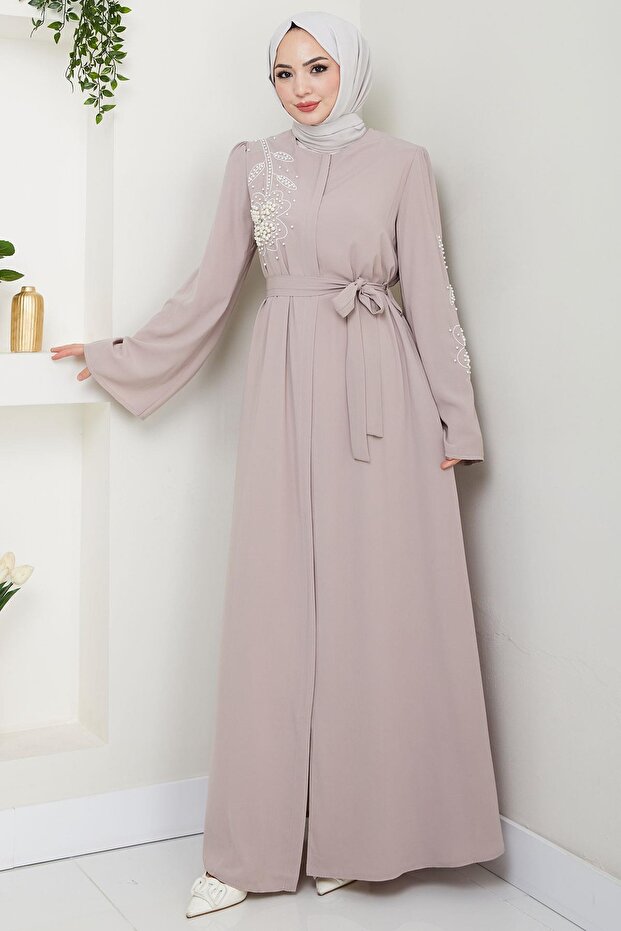 Pearl Flower Motif Belted Ferace Beige Hm2720