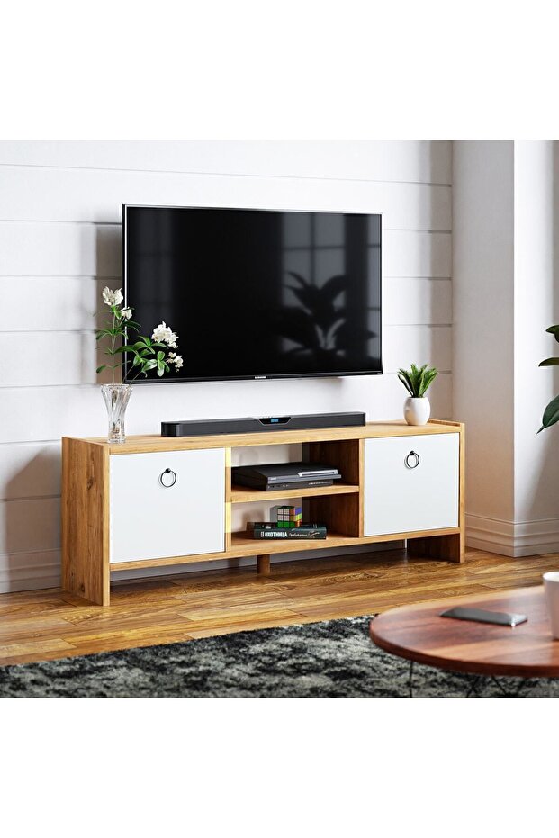 TV Unit With Doors - Atlantic Pine Pattern / White Doors - 1
