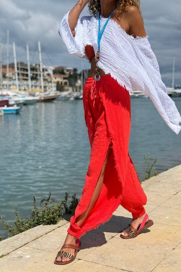 Coral Slit, Dirty Stitched Elastic Waist, Elastic Leg, Muslin Woven Trousers 95 30