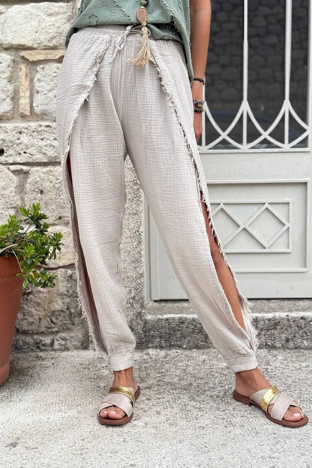 Beige Slit Dirty Stitched Elastic Waist Elastic Leg Muslin Woven Trousers 95 30