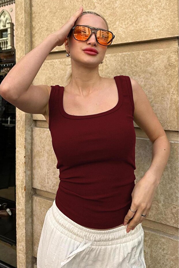 Bordo Fitilli Görünümlü Askılı Basic Atlet MG2057 - 4