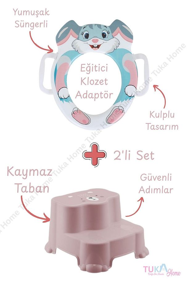 Çocuk Bebek Klozet Adaptörü Süngerli Yumuşak Tavşan Desenli ve Katlı Basamak Set Eğitici - 1