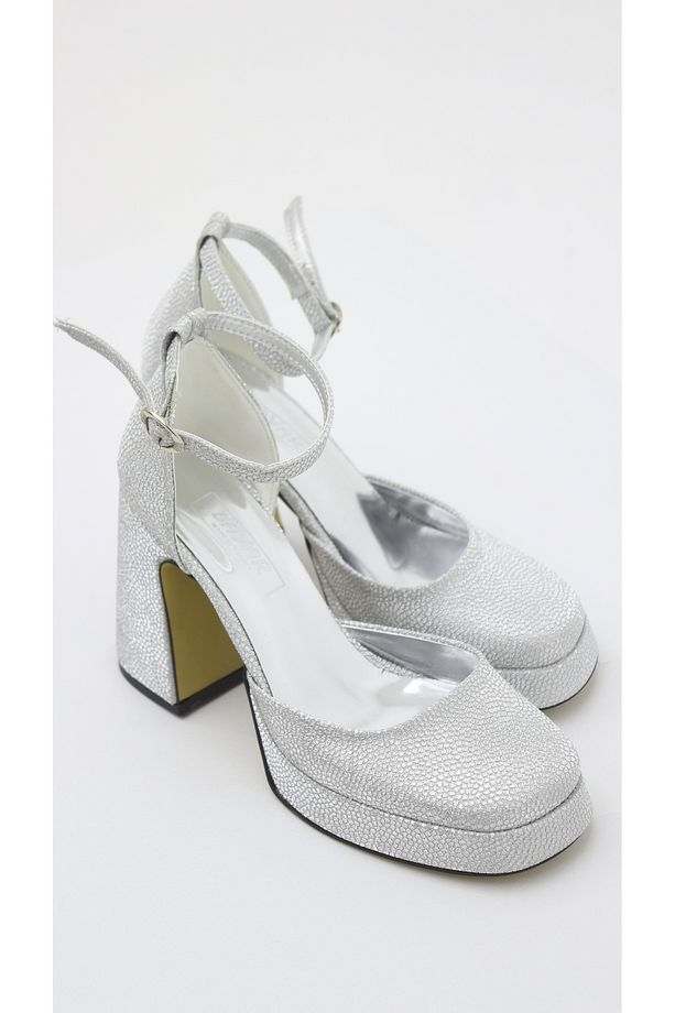 GÜMÜŞ TAŞ SİM ARKA KAPALI PLATFORM AYAKKABI 10CM - 6