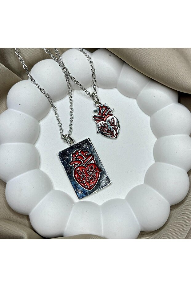 Çelik Kalp Anatomik Çift Kolyesi - 2