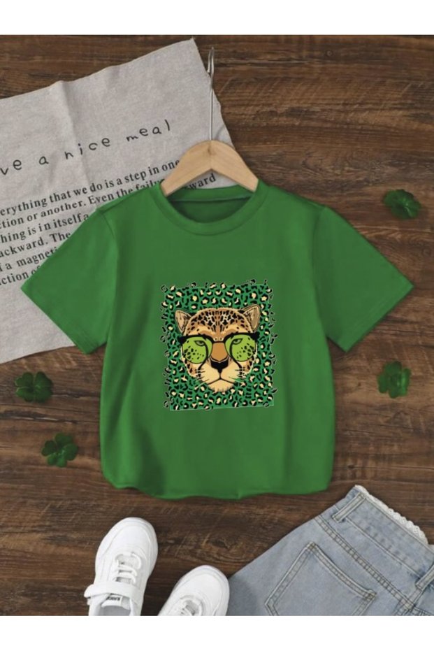 Girl-Boy Green Tiger Printed T-Shirt