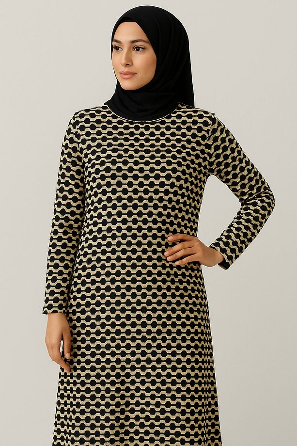 Geometrik Uzun Kollu Fitilli Maksi Elbise - Sıfır Yaka, Basic Triko Abaya Ferace - 1
