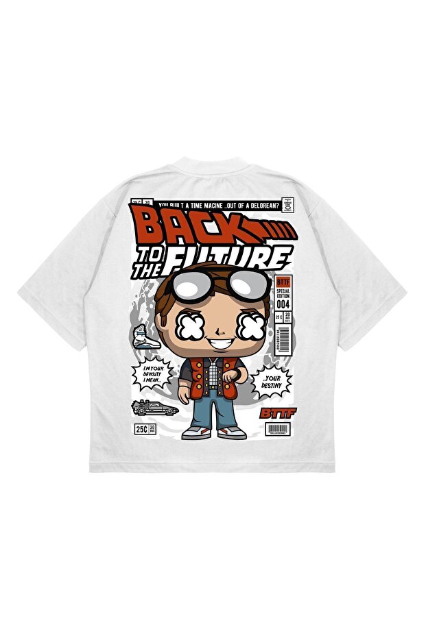 تي شيرت للجنسين بمقاس كبير مطبوع عليه Back To Th Future2 من القماش السميك (240 جرامًا لكل متر مربع)