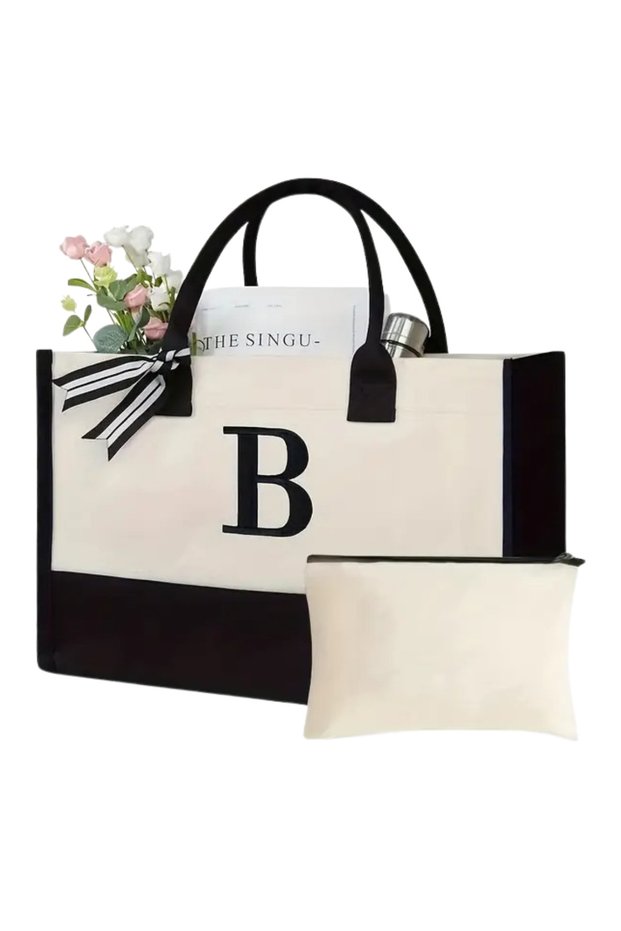 Your First Name Printed Canvas Fabric Beach Bag - with Makeup Bag Gift