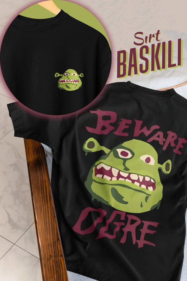 Beware Ogre - Beware Giant Shrek Back Printed Oversize Unisex Black T-Shirt