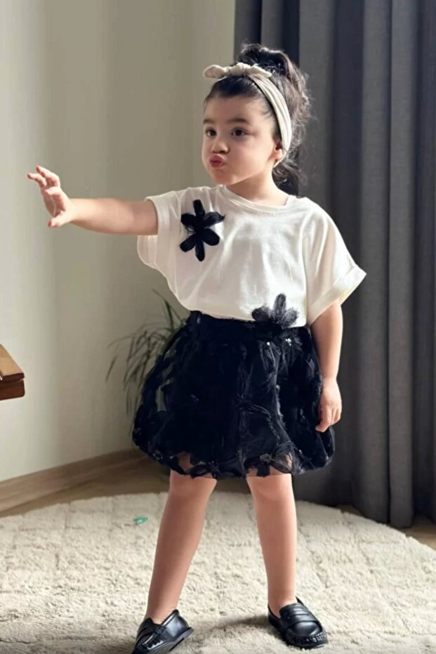 Girl's Black Lily Embroidered Appliqué Skirt Summer Set