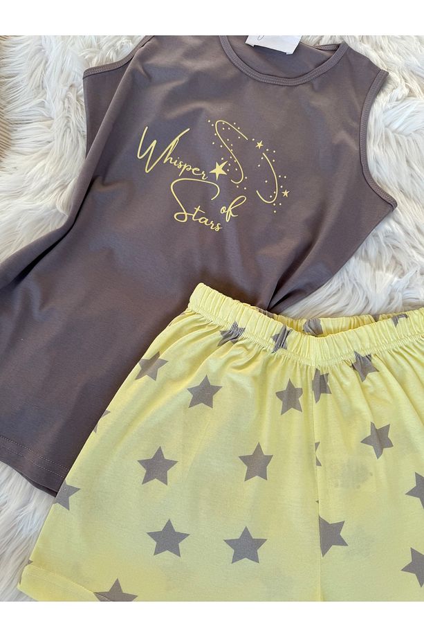 Sarı Yıldız Desenli Pamuklu İp Askılı Şortlu Pijama Takımı - 2