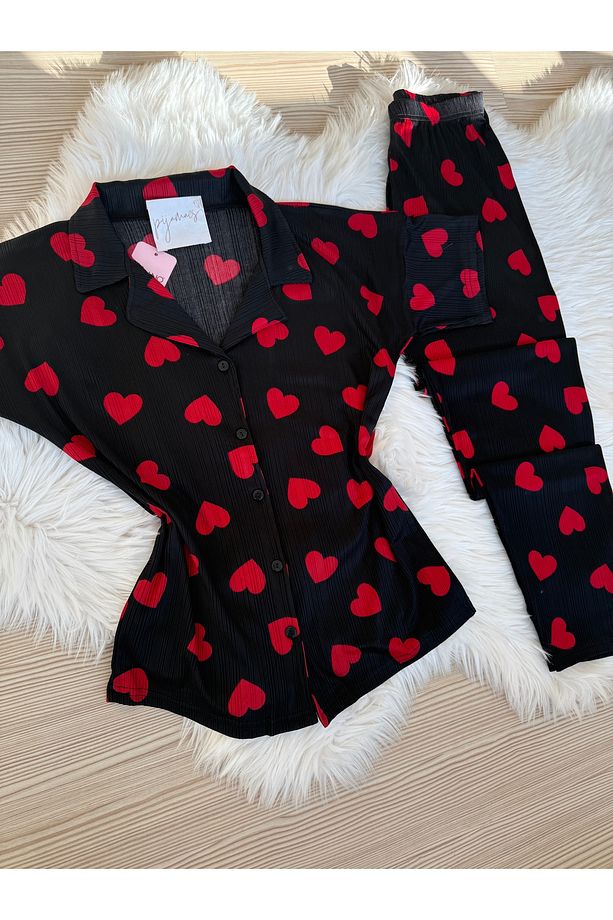 Siyah Üzerine Kırmızı Kalp Desenli Pegasus Kısa Kol Pijama Takımı - 6