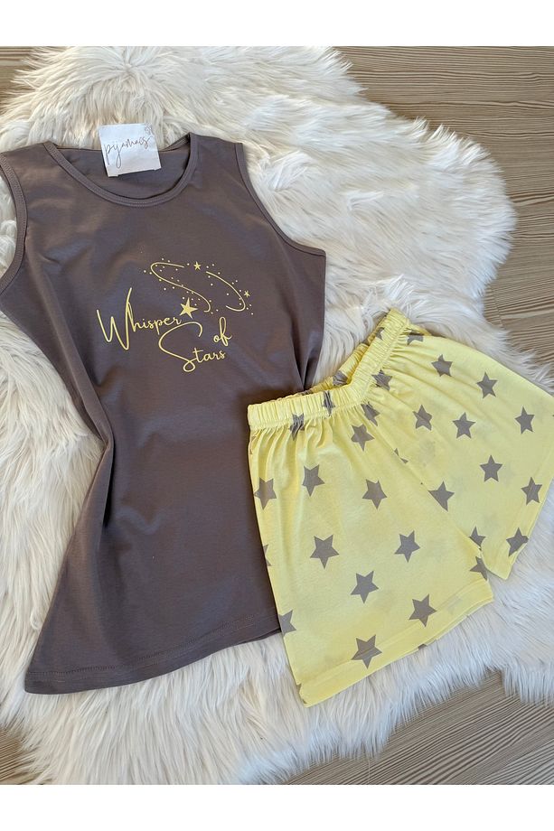Sarı Yıldız Desenli Pamuklu İp Askılı Şortlu Pijama Takımı - 5