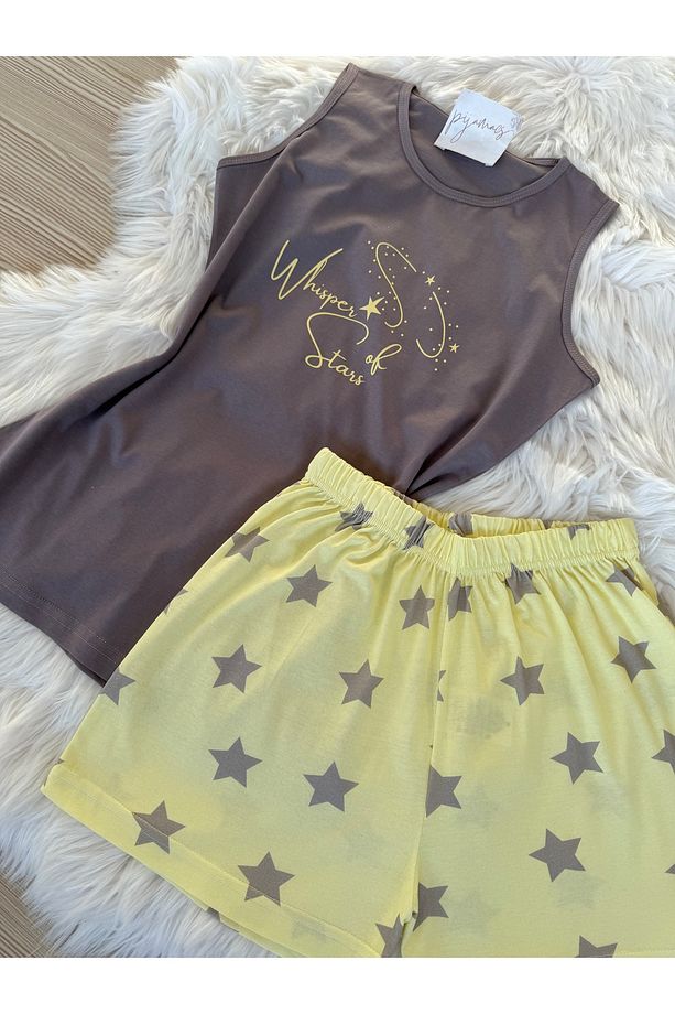 Sarı Yıldız Desenli Pamuklu İp Askılı Şortlu Pijama Takımı - 6