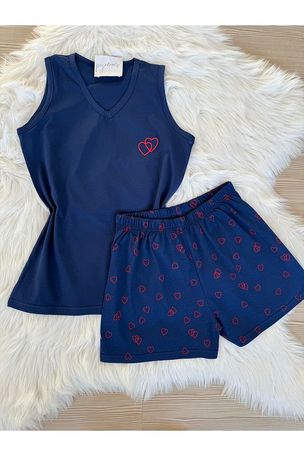 Lacivert Kalp Desenli Pamuklu İp Askılı Şortlu Pijama Takımı - 1