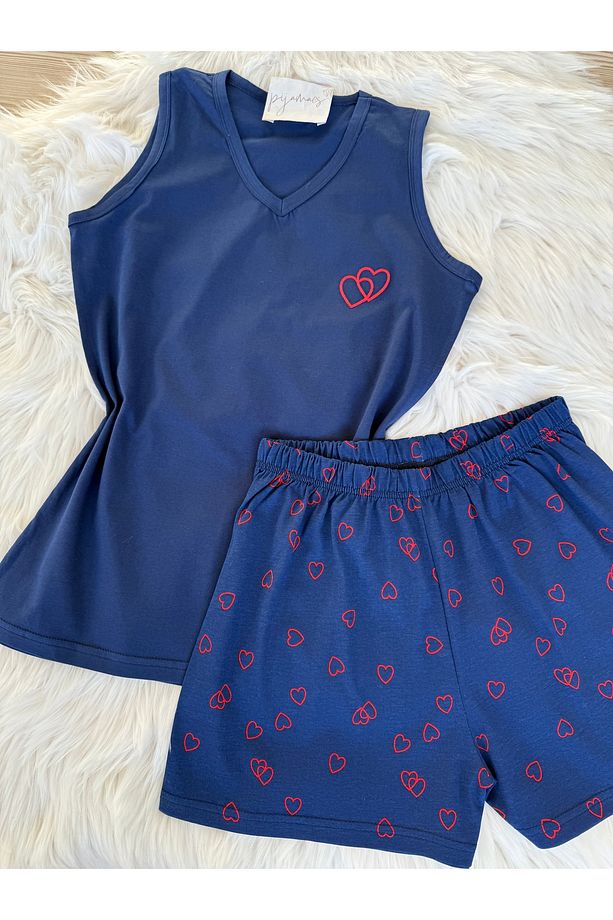 Lacivert Kalp Desenli Pamuklu İp Askılı Şortlu Pijama Takımı - 6