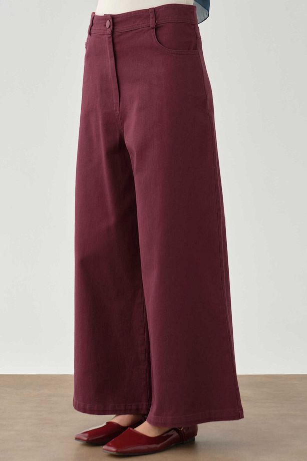Bol Paça Canvas Pantolon - Mürdüm - 5