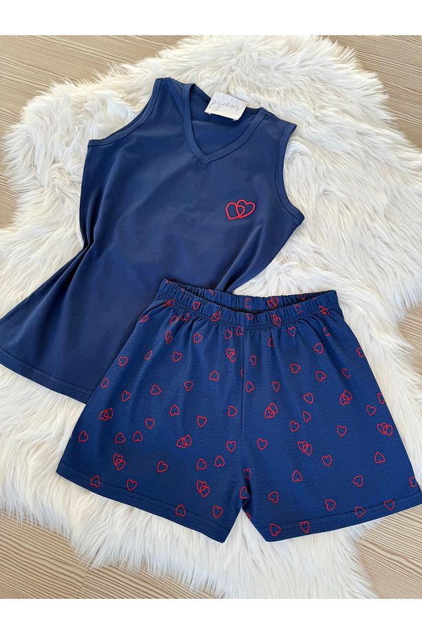 Lacivert Kalp Desenli Pamuklu İp Askılı Şortlu Pijama Takımı - 3