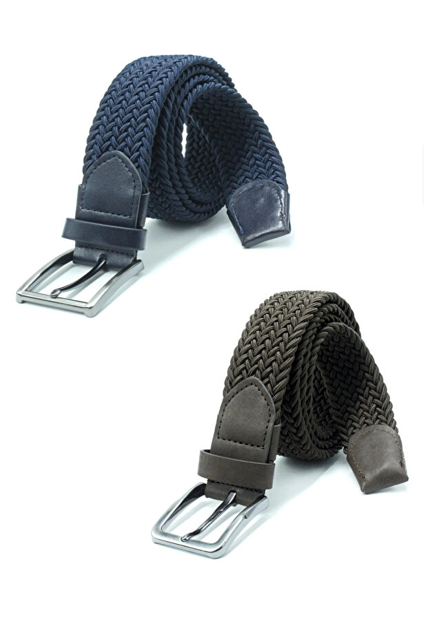 Ikil Elastic Knitted Belt 3.5cm Navy Blue And Brown Rubber Belt Unisex 2 Pieces