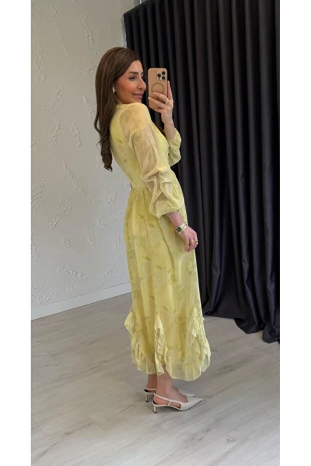 Soft Çiçekli Şifon Elbise Sarı - 3
