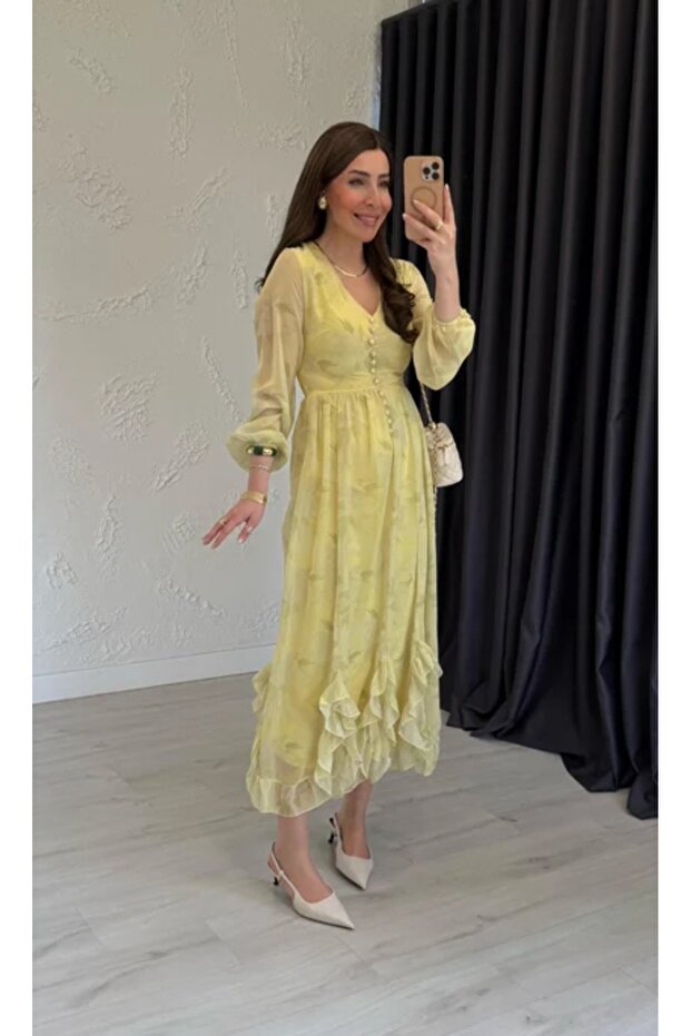 Soft Çiçekli Şifon Elbise Sarı - 4