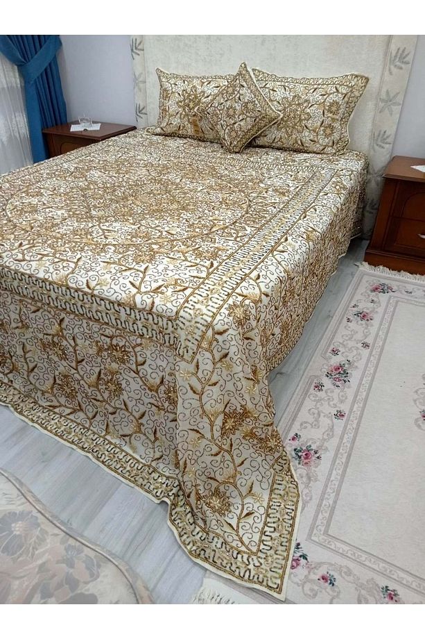 Pullu Boncuklu Ağır İşlemeli Otantik Çift Kişilik Yatak Örtüsü (240x270)-Gold - 1